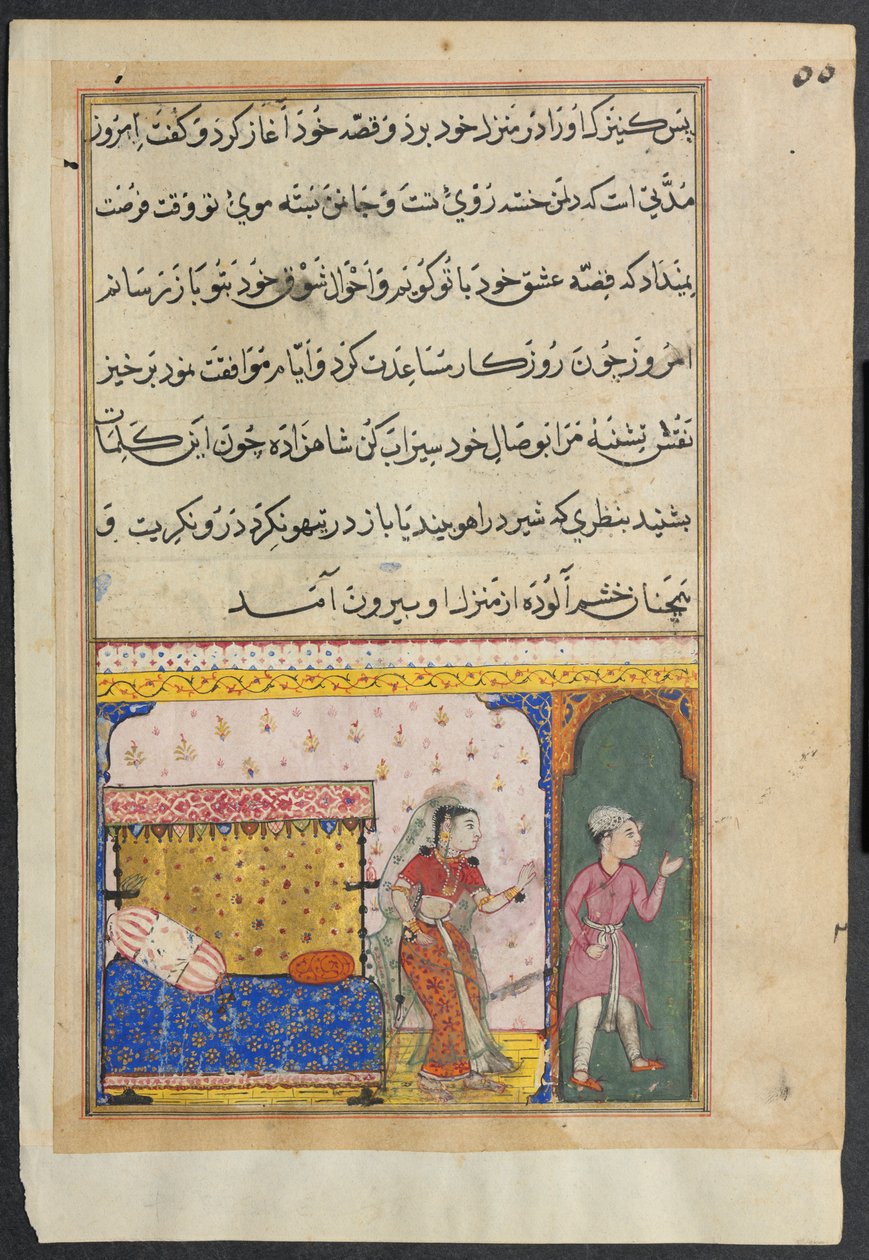 Side fra Tales of a Parrot Tuti-nama: Ottende nat: Prinsen afviser de forelskede, 1558-1560. af Unbekannt