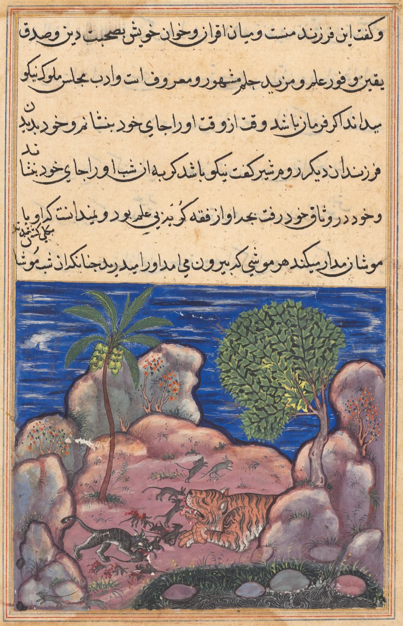 Side fra Tales of a Parrot Tuti-nama: Femtende nat: Katten angriber musene..., 1558-1560. af Unbekannt