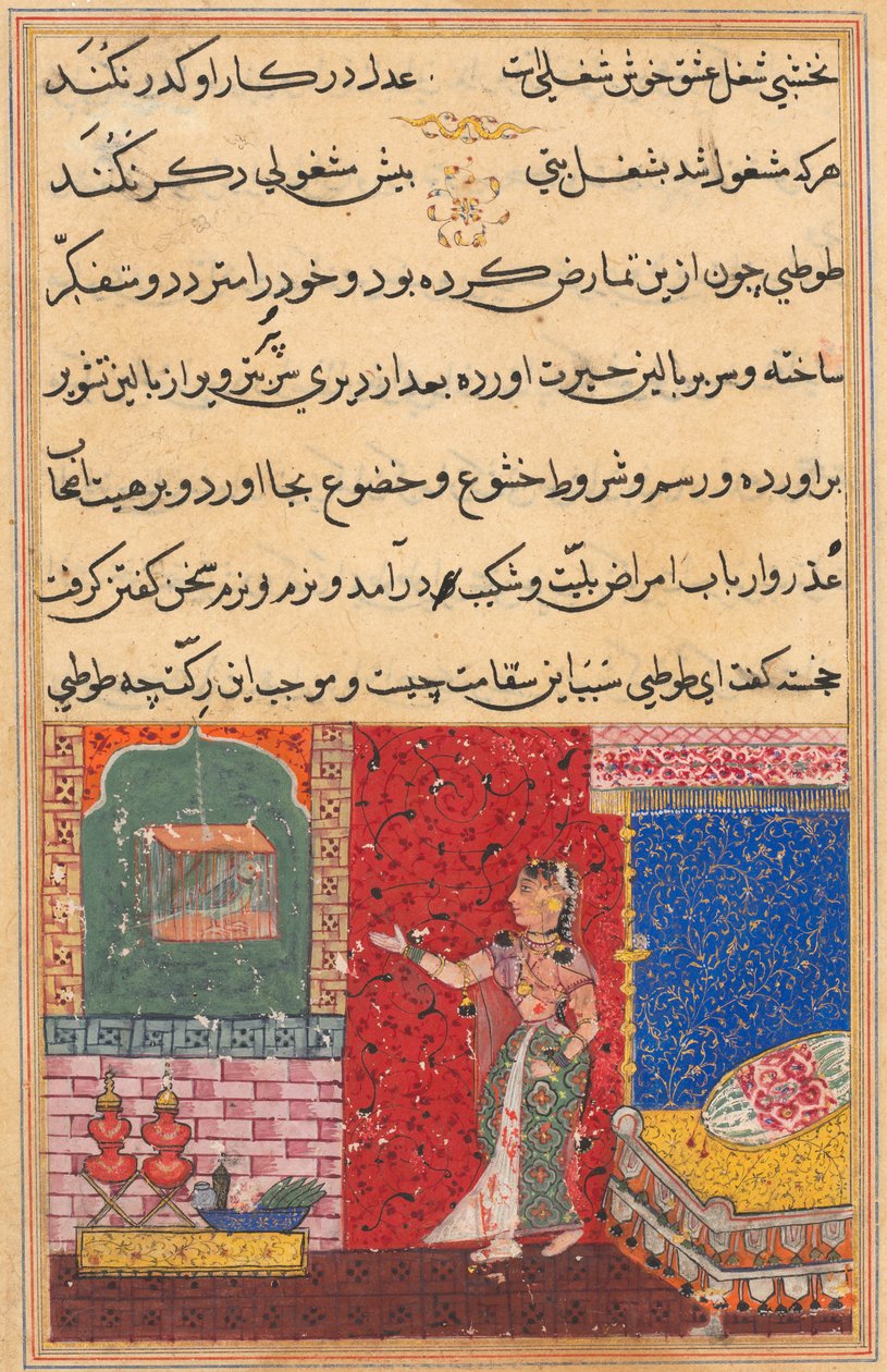 Side fra Tales of a Parrot Tuti-nama: Femtende nat: Papegøjen henvender sig til Khujasta..., 1558-156 af Unbekannt