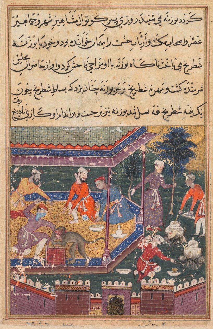 Side fra Tales of a Parrot Tuti-nama: Femte nat: Den sårede abe bider hånden., c1560. af Unbekannt