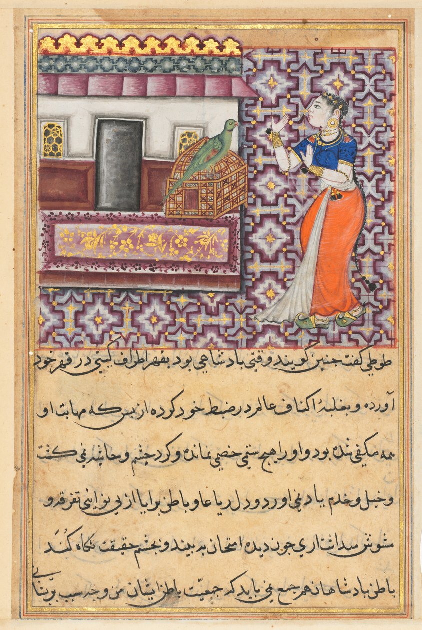 Side fra Tales of a Parrot Tuti-nama: Halvtredsindstyvende nat: Papegøjen henvender sig til Khujasta..., ca. 1560. af Unbekannt
