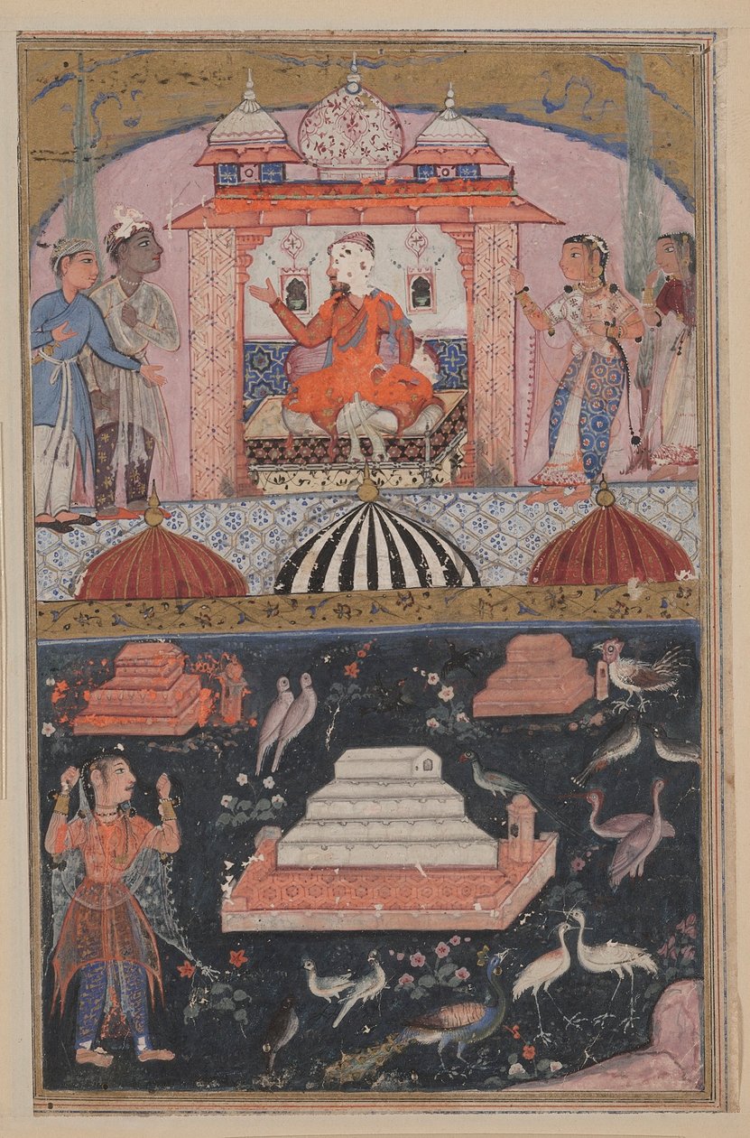 Side fra Tales of a Parrot Tuti-nama: Første nat: Købmanden hører, ca. 1560. af Unbekannt