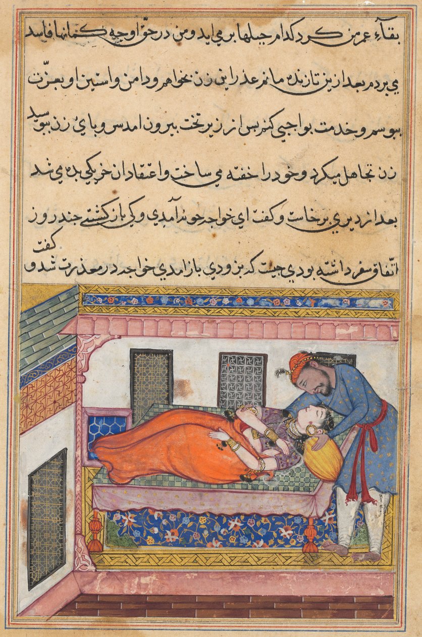 Side fra Tales of a Papegøje Tuti-nama: Fyrtiende nat: Shahr-Arais mand..., ca. 1560. af Unbekannt