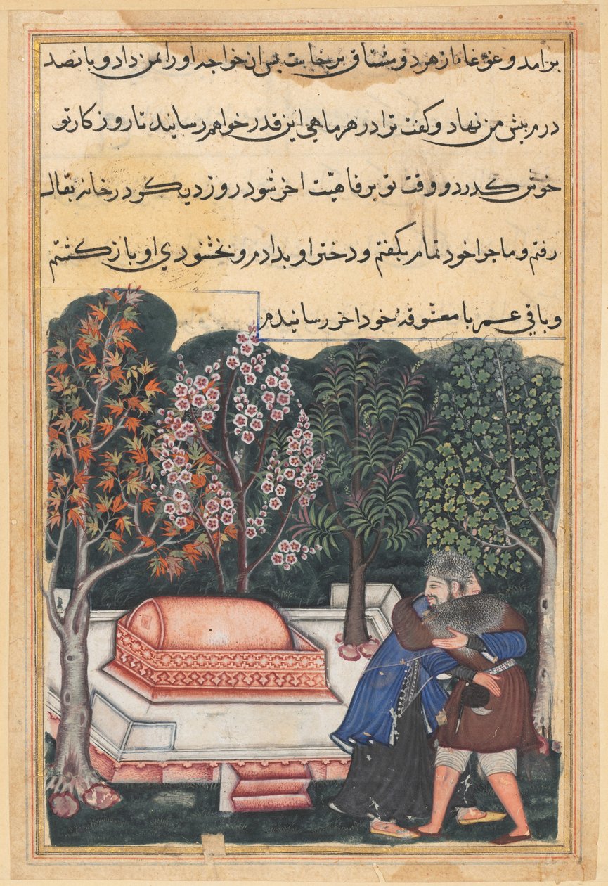 Side fra Tales of a Parrot Tuti-nama: Ottendeogfyrre nat: Den unge mand fra Bagdad..., ca. 1560. af Unbekannt