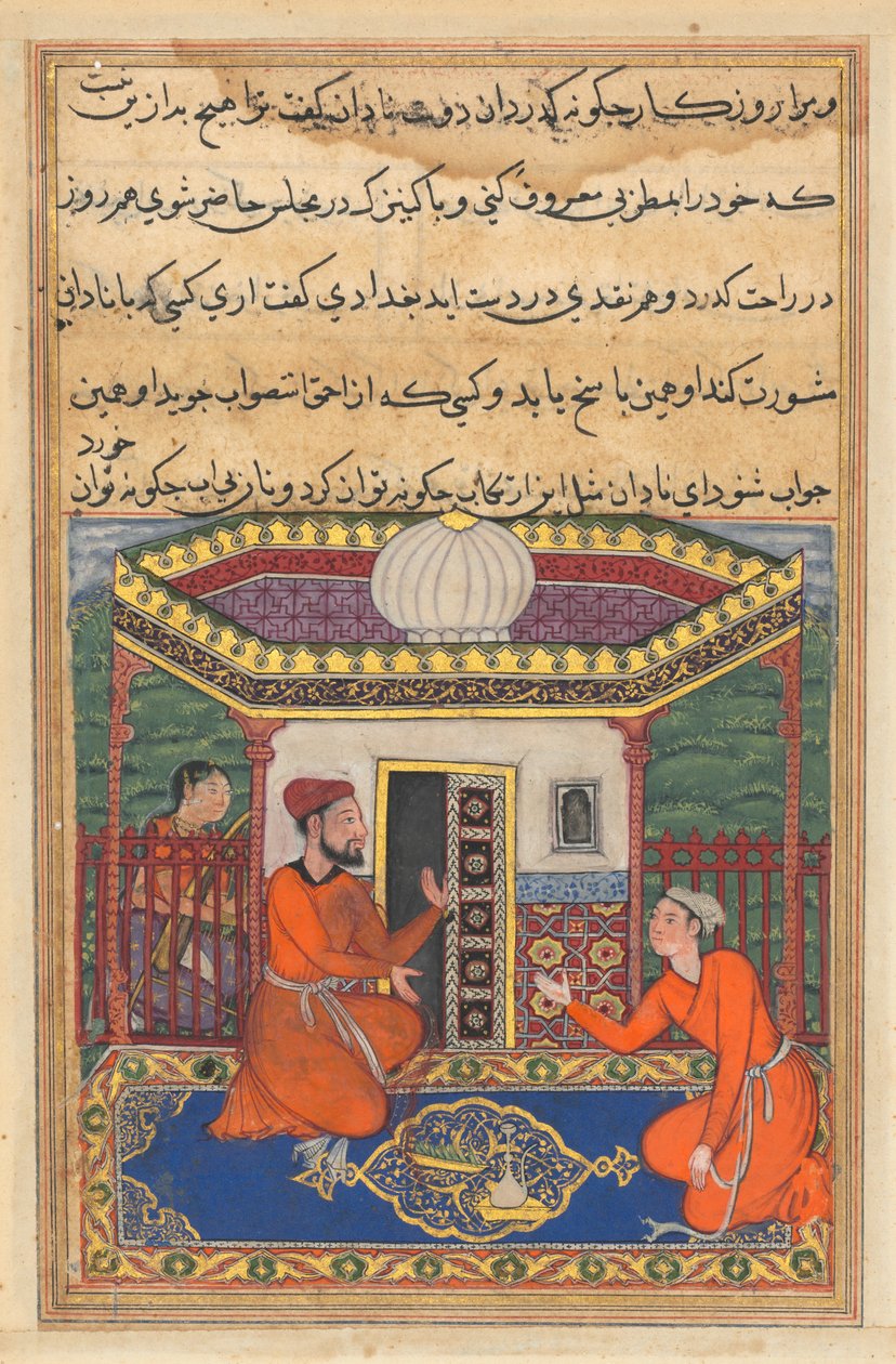 Side fra Tales of a Parrot Tuti-nama: Ottendeogfyrre nat: Den unge mand fra Bagdad..., ca. 1560. af Unbekannt