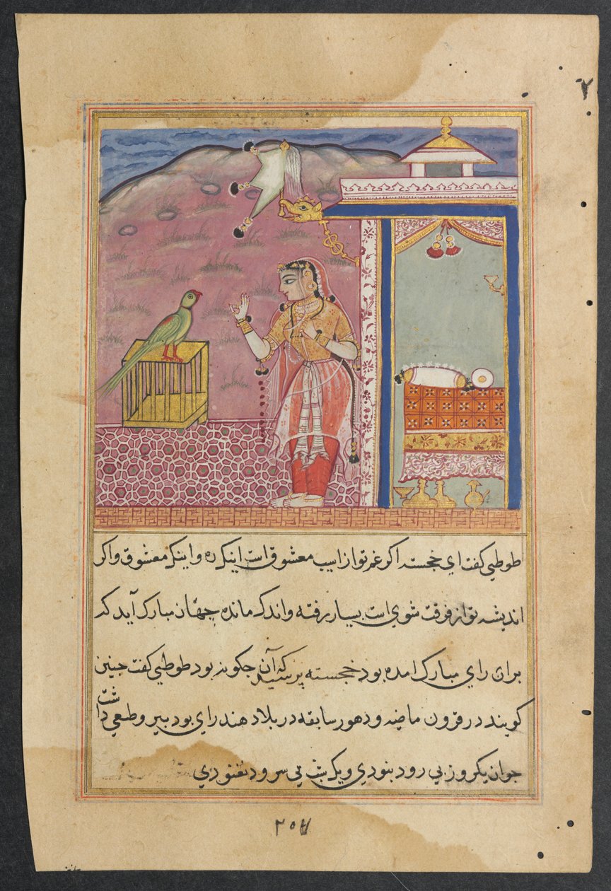 Side fra Tales of a Papegøje Tuti-nama: Fjerdeogfyrre nat: Papegøjen taler til..., ca. 1560. af Unbekannt