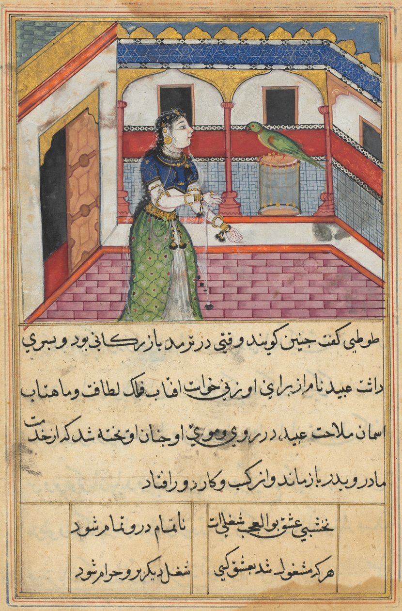 Side fra Tales of a Papegøje Tuti-nama: Toogfyrre nat: Papegøjen taler til..., ca. 1560. af Unbekannt