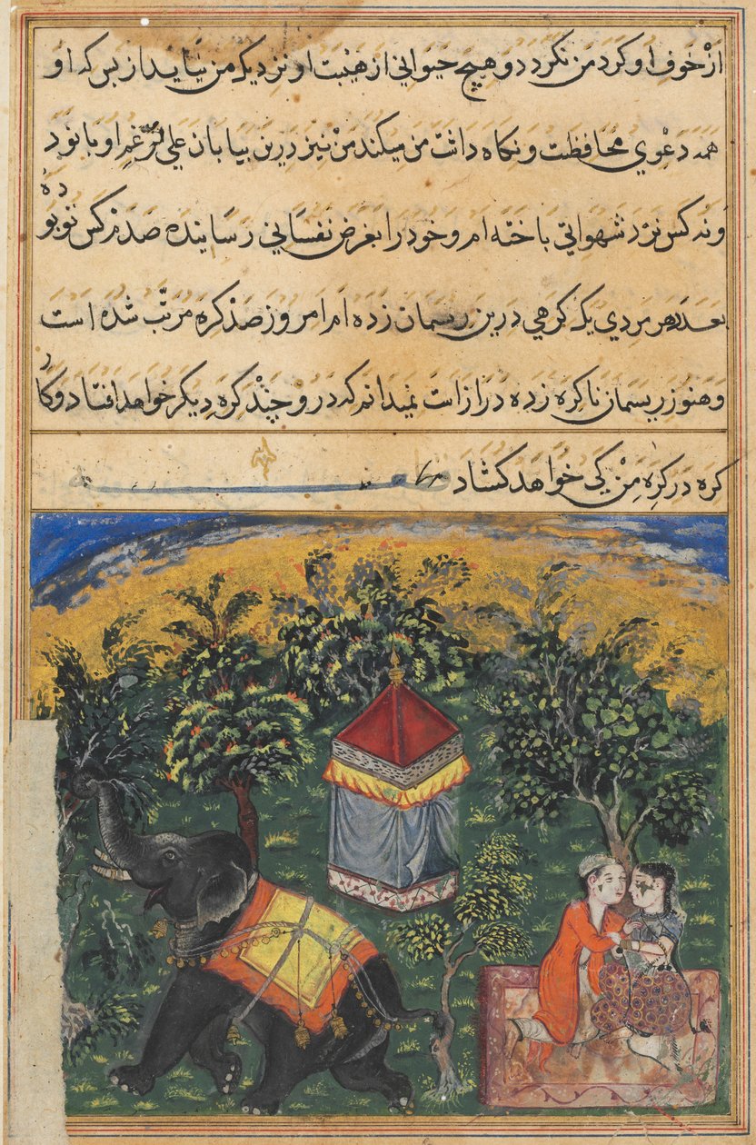 Side fra Fortællinger om en papegøje Tuti-nama: Fjerde nat: Troldmandens kone bedrager..., ca. 1560. af Unbekannt