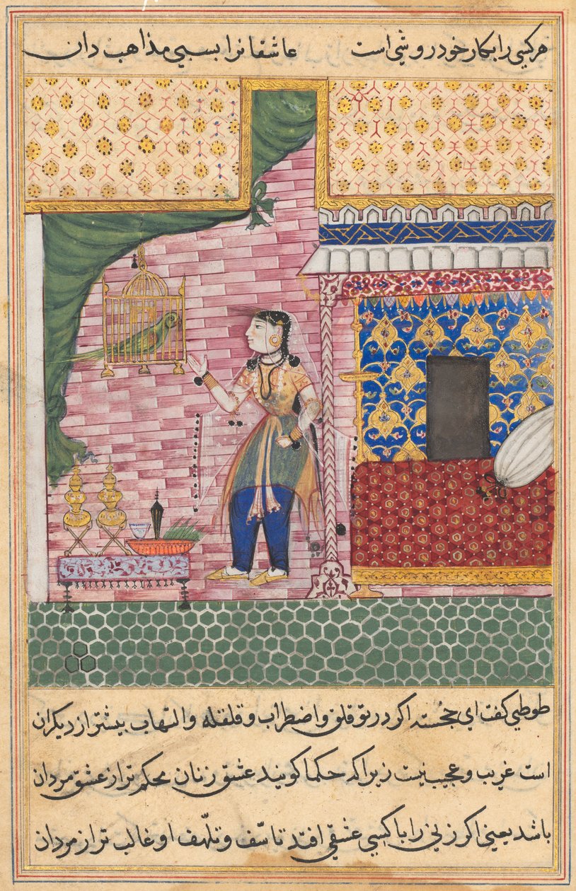 Side fra Tales of a Parrot Tuti-nama: Syttende nat: Papegøjen..., ca. 1560. af Unbekannt