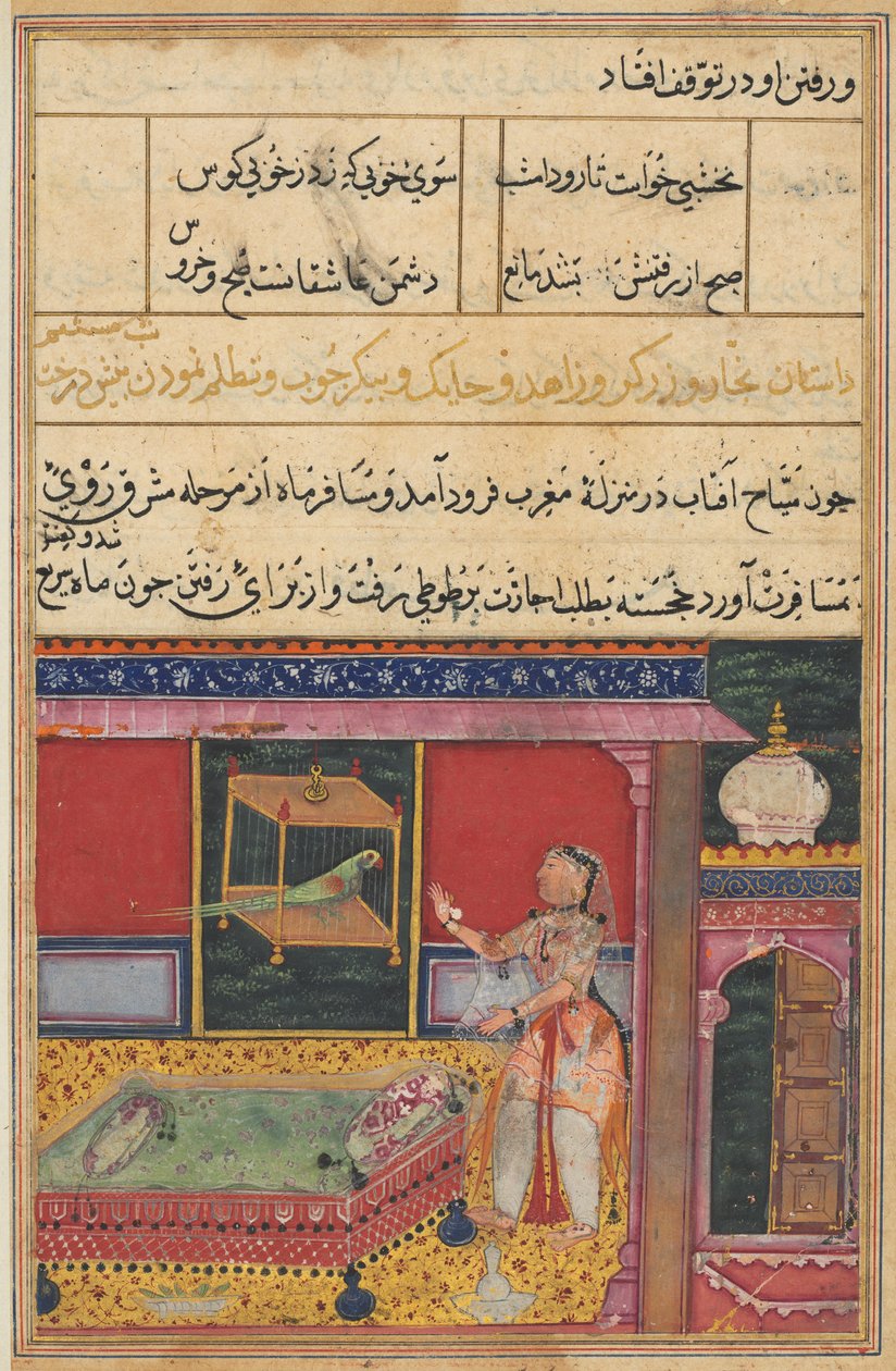 Side fra Tales of a Parrot Tuti-nama: Sjette nat: Papegøjen henvender sig til Khujasta..., ca. 1560. af Unbekannt