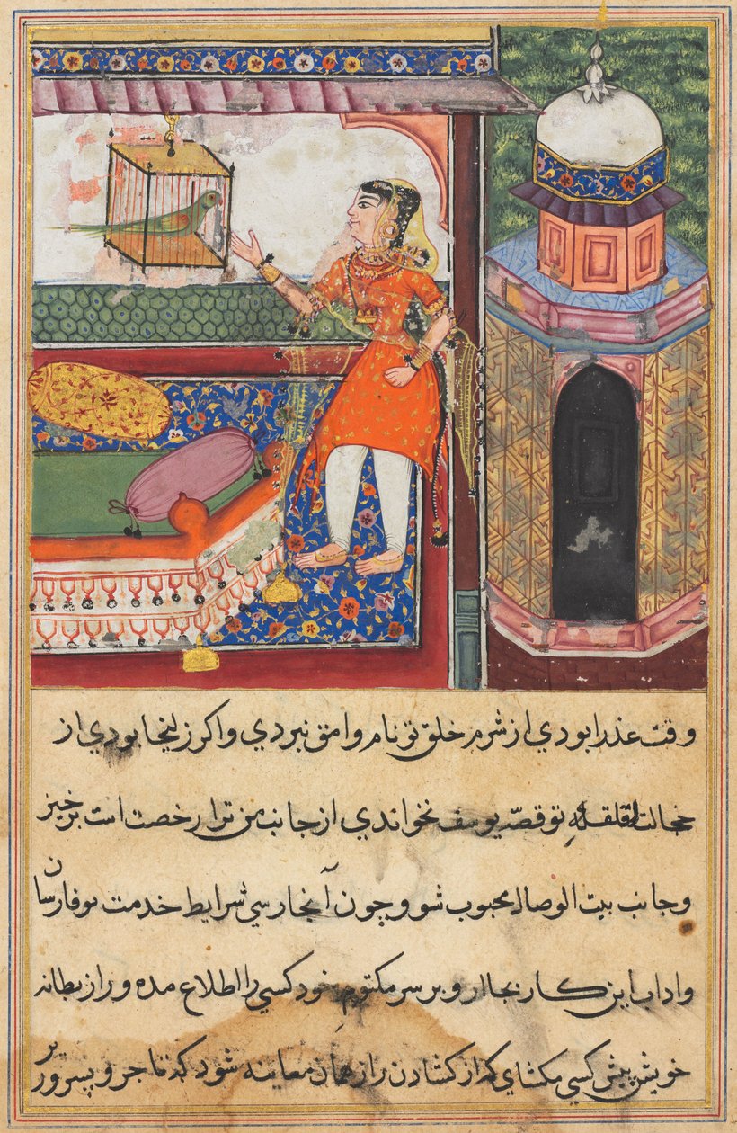 Side fra Tales of a Parrot Tuti-nama: Tiende nat: Papegøjen henvender sig til Khujasta..., ca. 1560. af Unbekannt