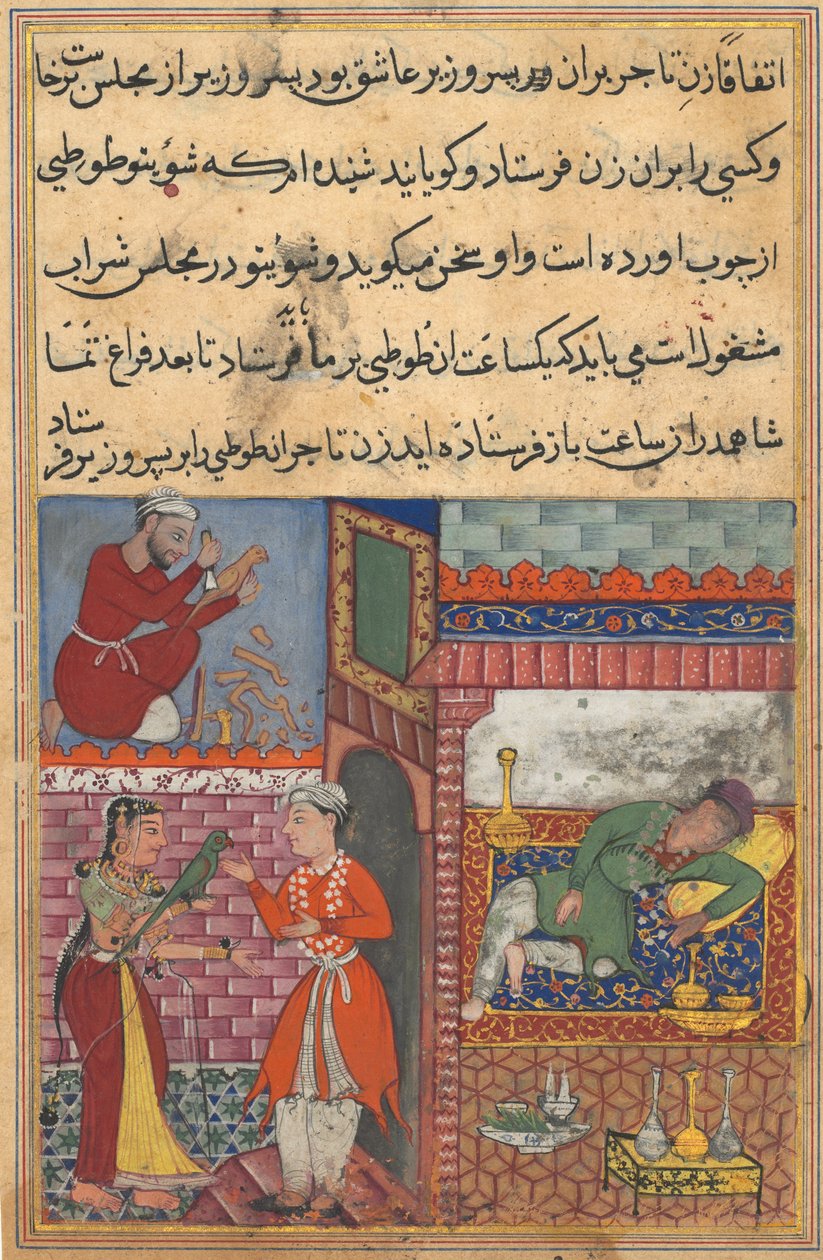 Side fra Tales of a Parrot Tuti-nama: Tiende nat: vesirens søn modtager magien..., ca. 156 af Unbekannt