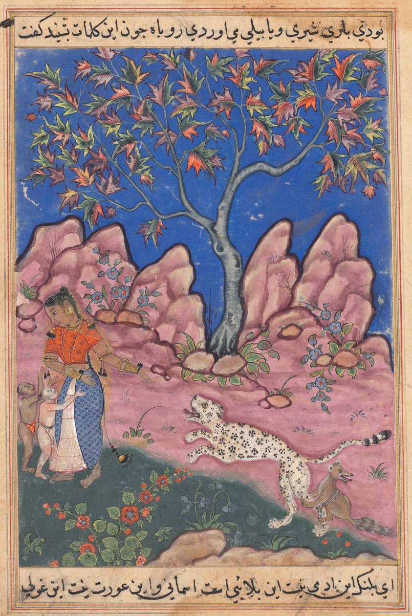 Side fra Fortællinger om en papegøje Tuti-nama: Tredivte nat: Kvinden i samtale..., ca. 1560. af Unbekannt