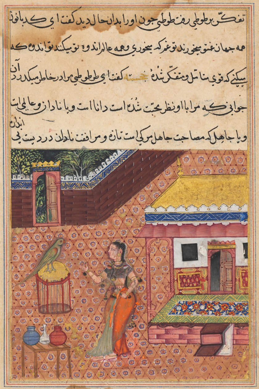 Side fra Tales of a Parrot Tuti-nama: Fireogtredive nat: Papegøjen henvender sig til Khujasta..., ca. 1 af Unbekannt