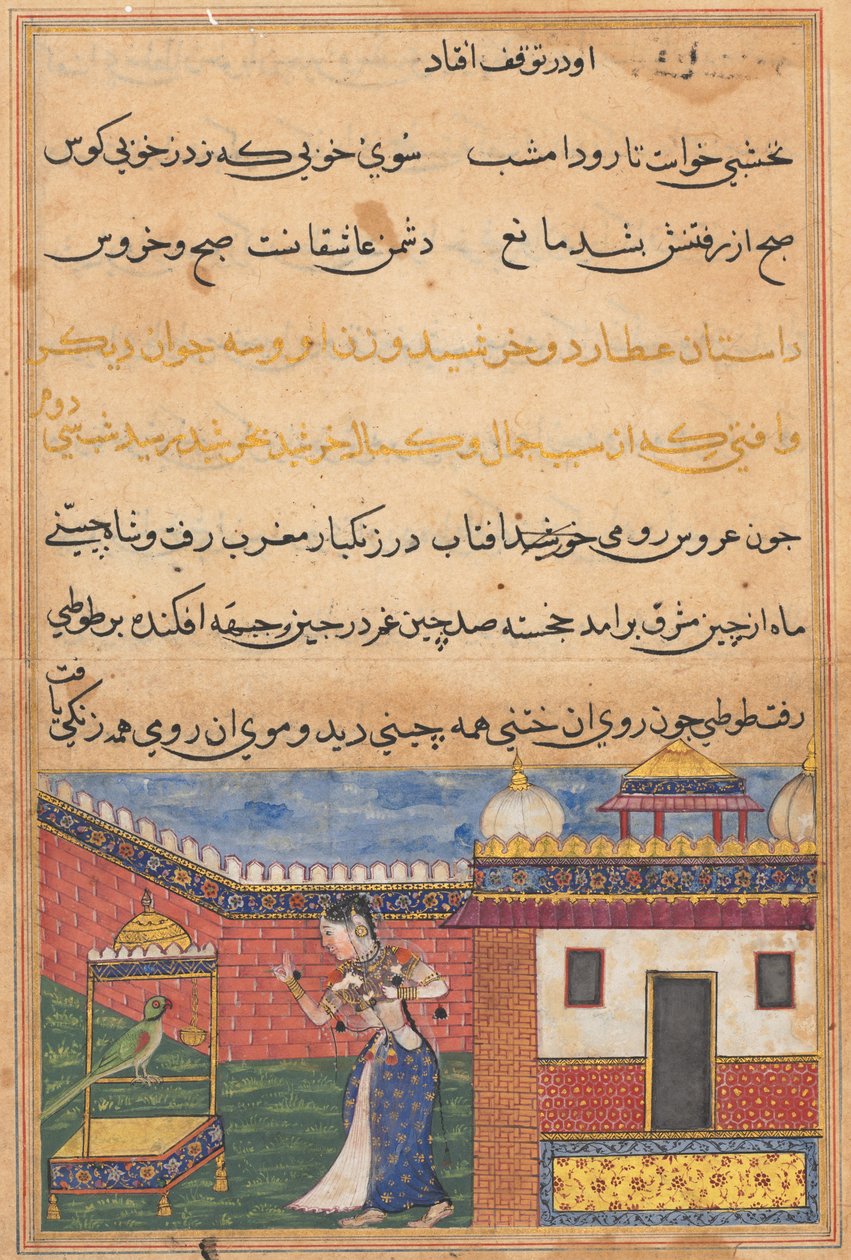 Side fra Tales of a Parrot Tuti-nama: 32. nat: Papegøjen henvender sig til Khujasta..., c156 af Unbekannt