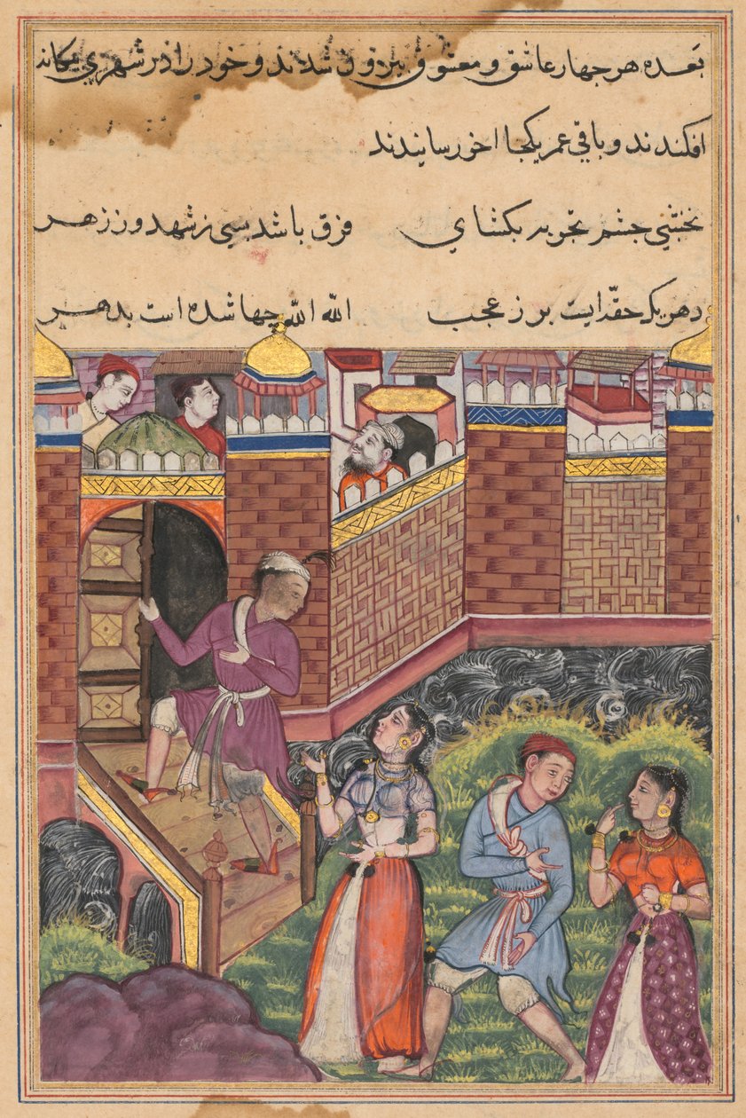 Side fra Tales of a Parrot Tuti-nama: Treogtredive nat: De to par når ca. 1560. af Unbekannt