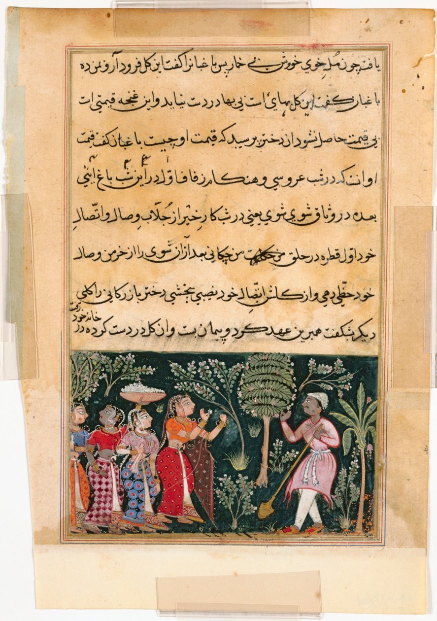 Side fra Tales of a Parrot Tuti-nama: Tolvte nat: Købmandens datter..., ca. 1560. af Unbekannt