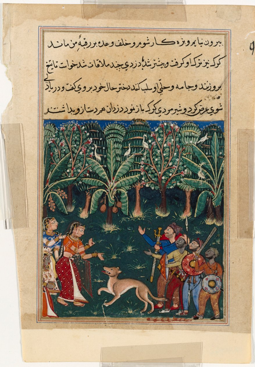 Side fra Tales of a Parrot Tuti-nama: Tolvte nat: Købmandens datter..., ca. 1560. af Unbekannt