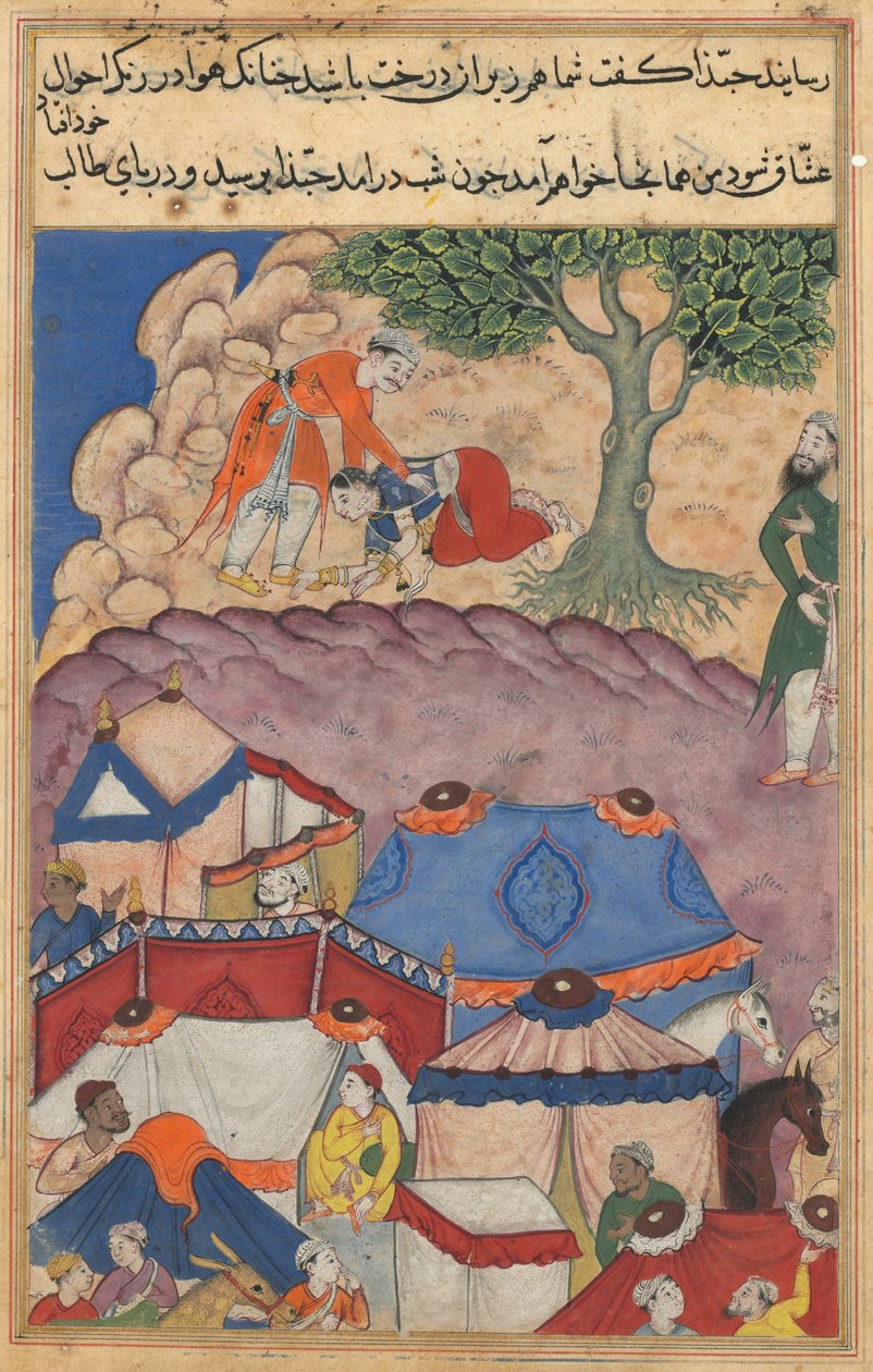 Side fra Tales of a Parrot Tuti-nama: Fireogtyvende nat: Habbaza møder Bashir, ca. 1560. af Unbekannt