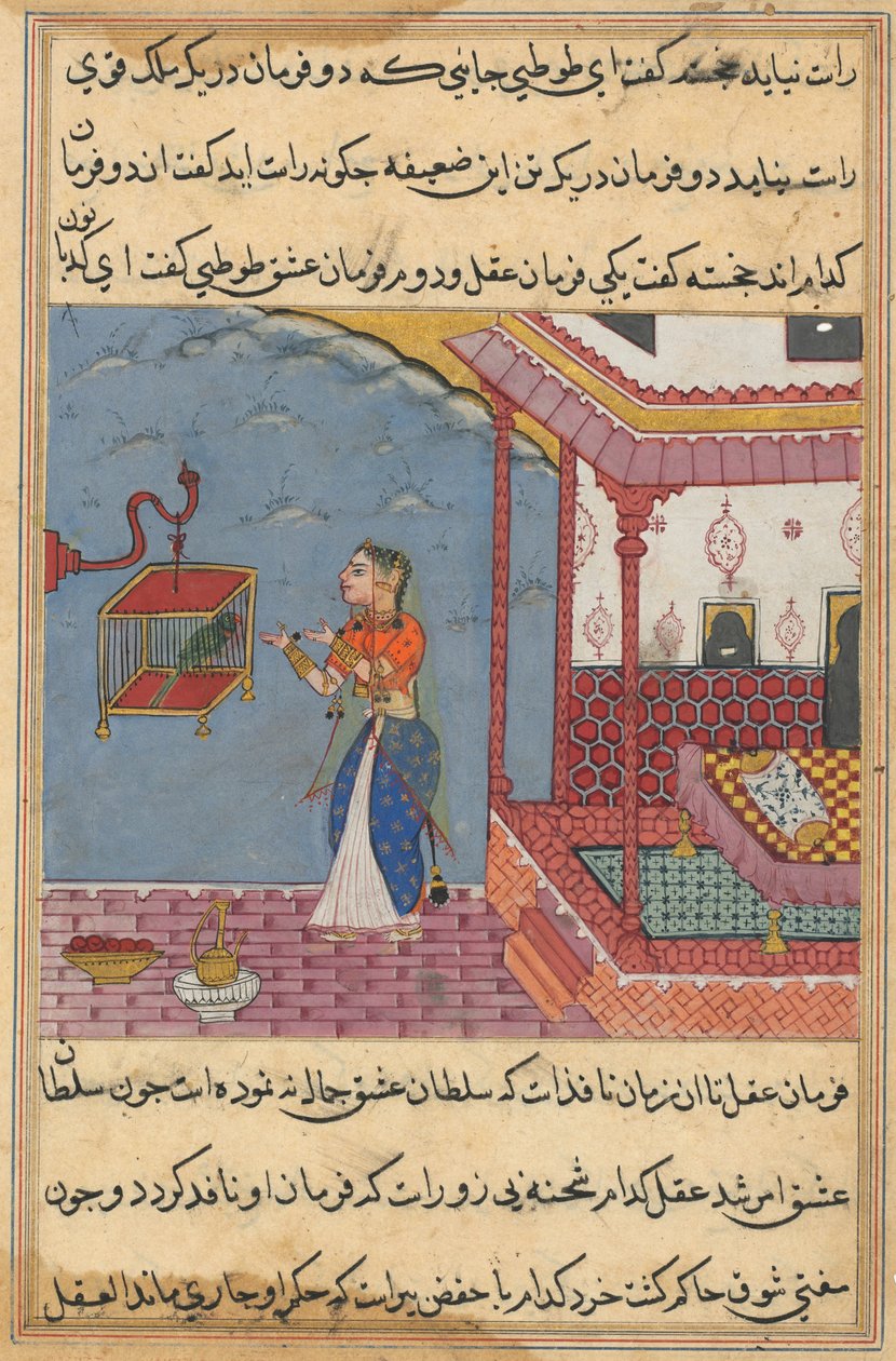 Side fra Tales of a Parrot Tuti-nama: Fjerogtyvende nat: Papegøjen..., ca. 1560. af Unbekannt