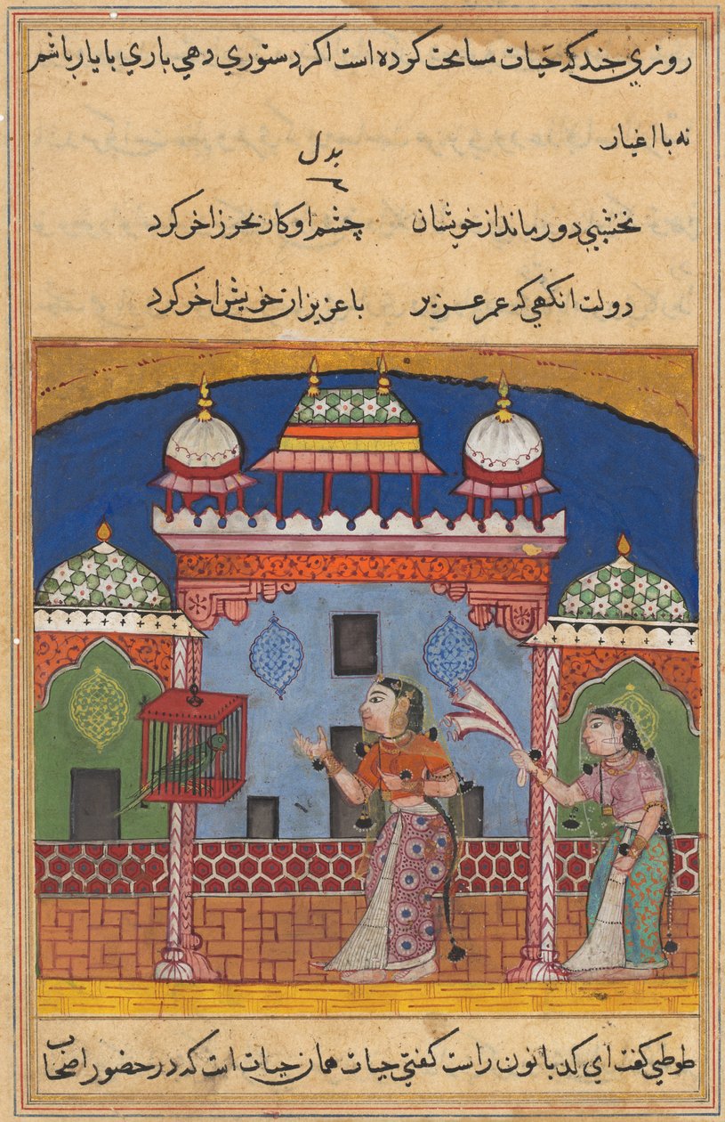 Side fra Tales of a Papegøje Tuti-nama: Andentyvende nat: Papegøjen taler til..., ca. 1560. af Unbekannt