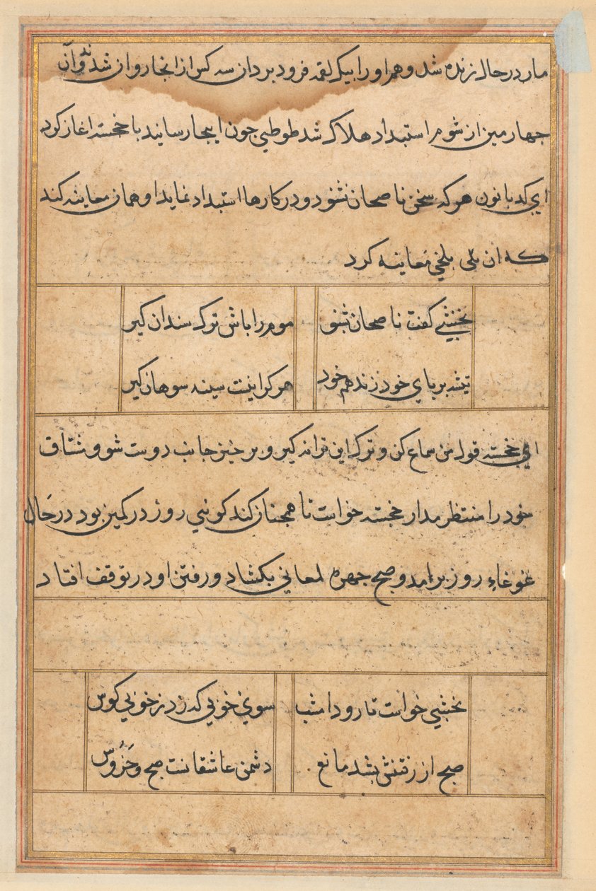 Side fra Tales of a Parrot Tuti-nama: tekstside, ca. 1560. af Unbekannt