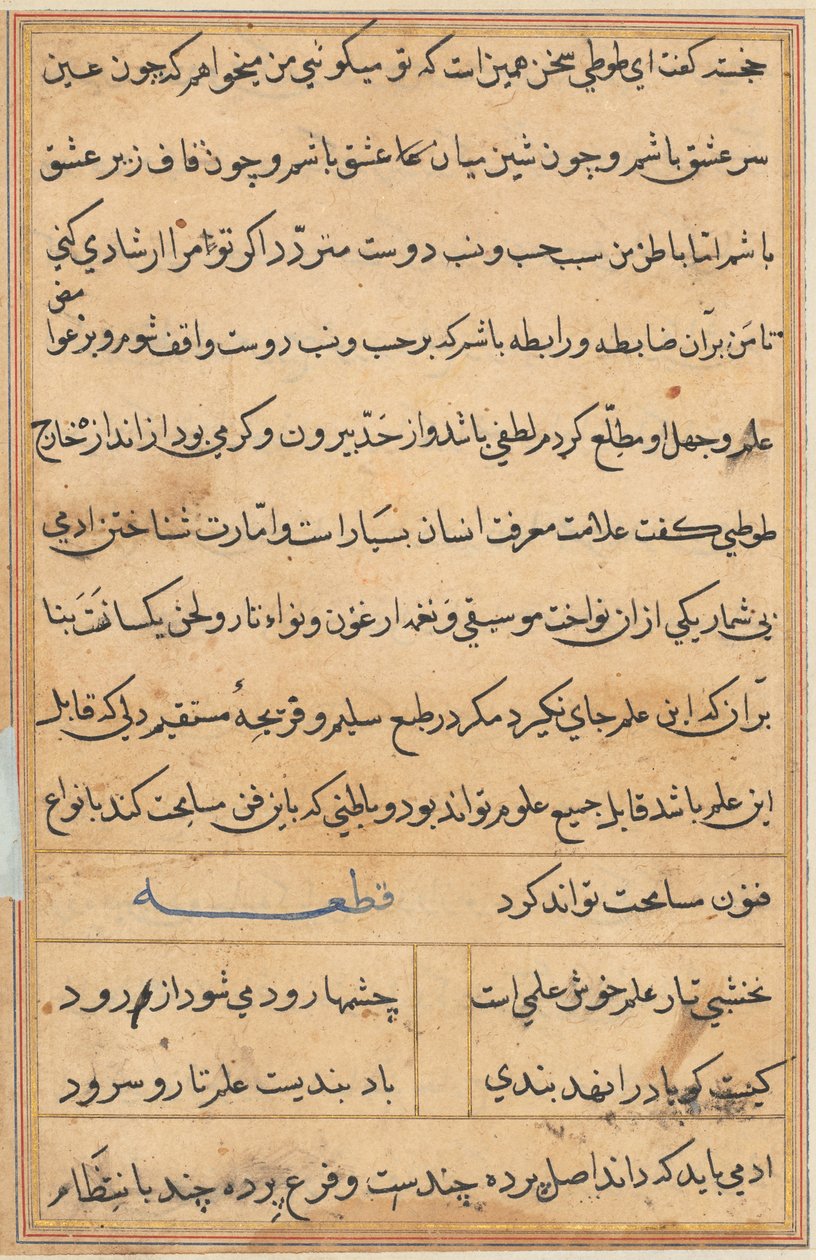 Side fra Tales of a Parrot Tuti-nama: tekstside, ca. 1560. af Unbekannt