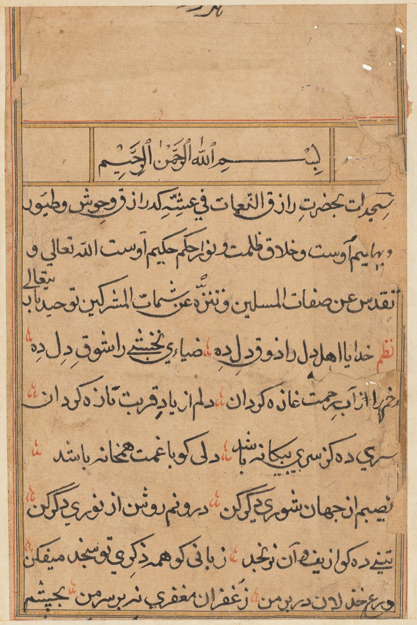 Side fra Tales of a Parrot Tuti-nama: tekstside, ca. 1560. af Unbekannt