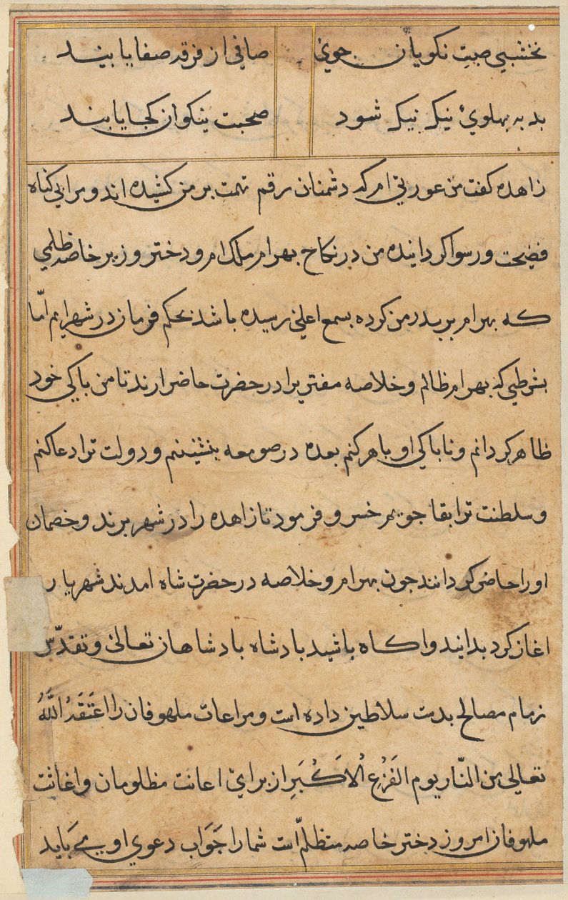 Side fra Tales of a Parrot Tuti-nama: tekstside, ca. 1560. af Unbekannt