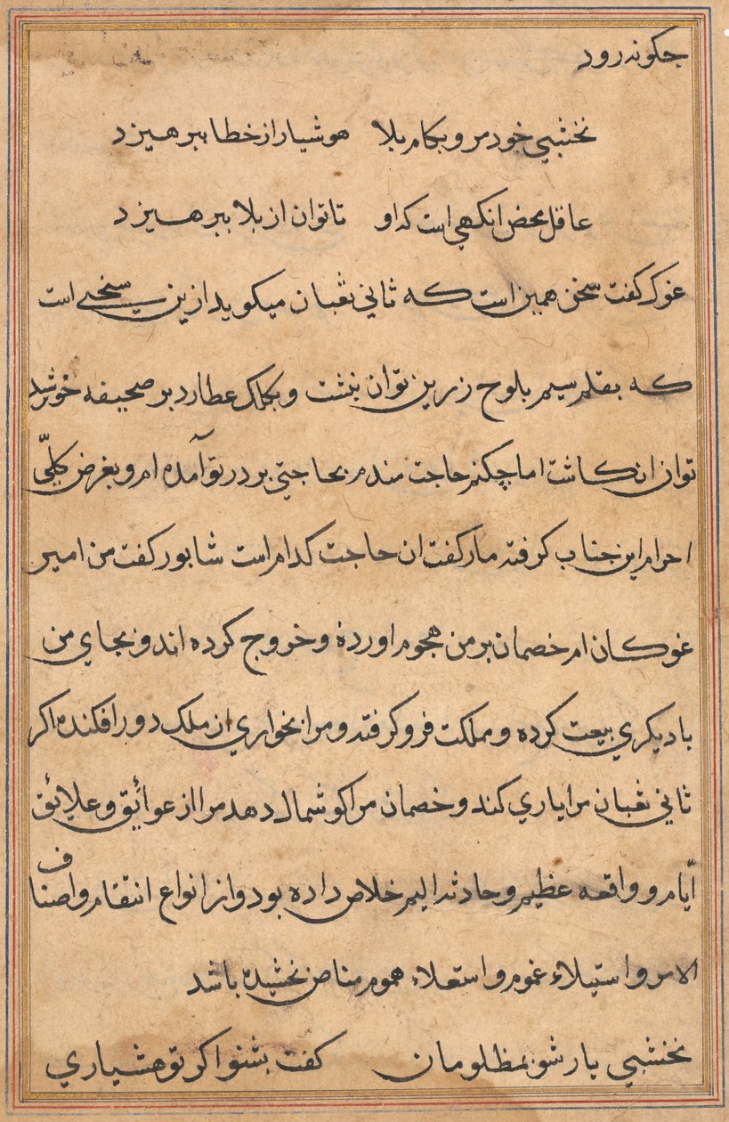 Side fra Tales of a Parrot Tuti-nama: tekstside, ca. 1560. af Unbekannt