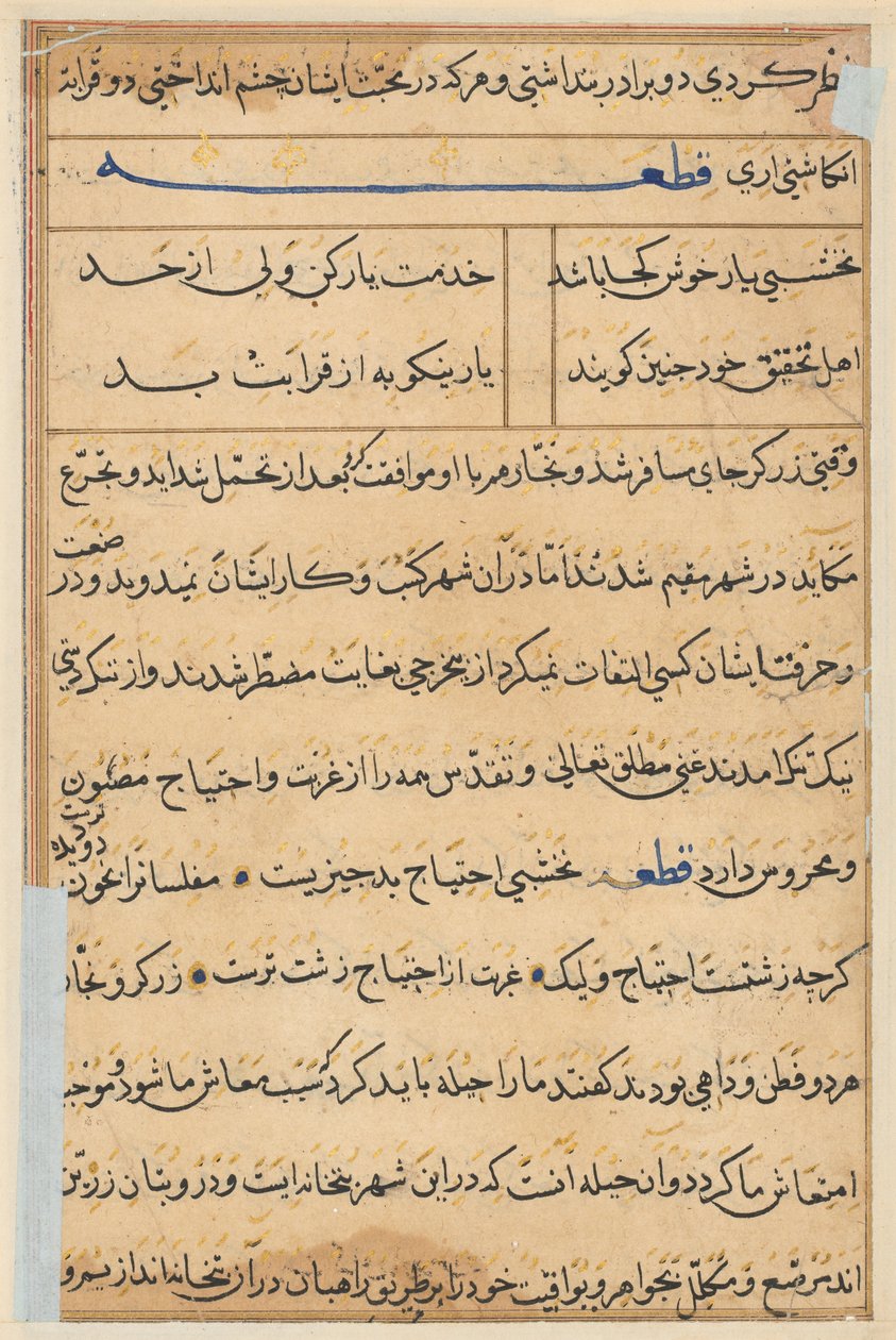 Side fra Tales of a Parrot Tuti-nama: tekstside, ca. 1560. af Unbekannt