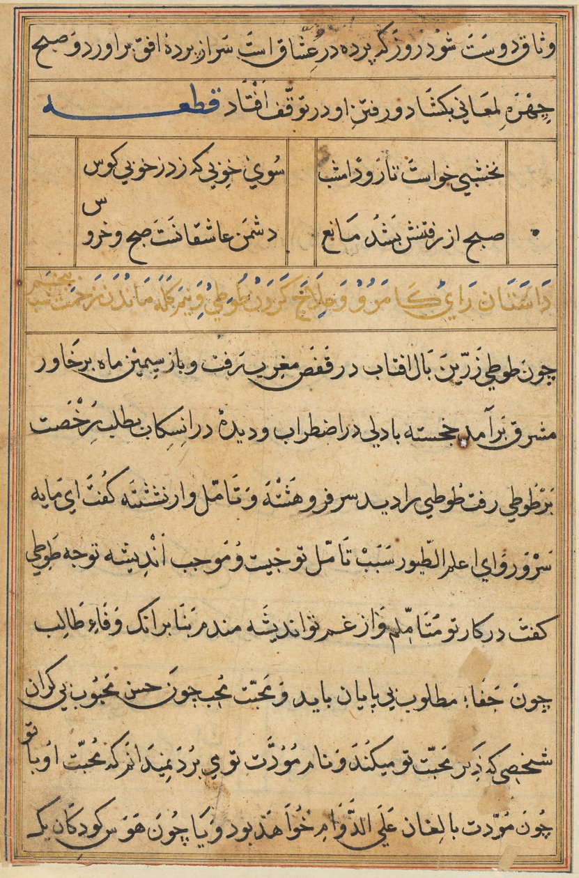 Side fra Tales of a Parrot Tuti-nama: tekstside, ca. 1560. af Unbekannt