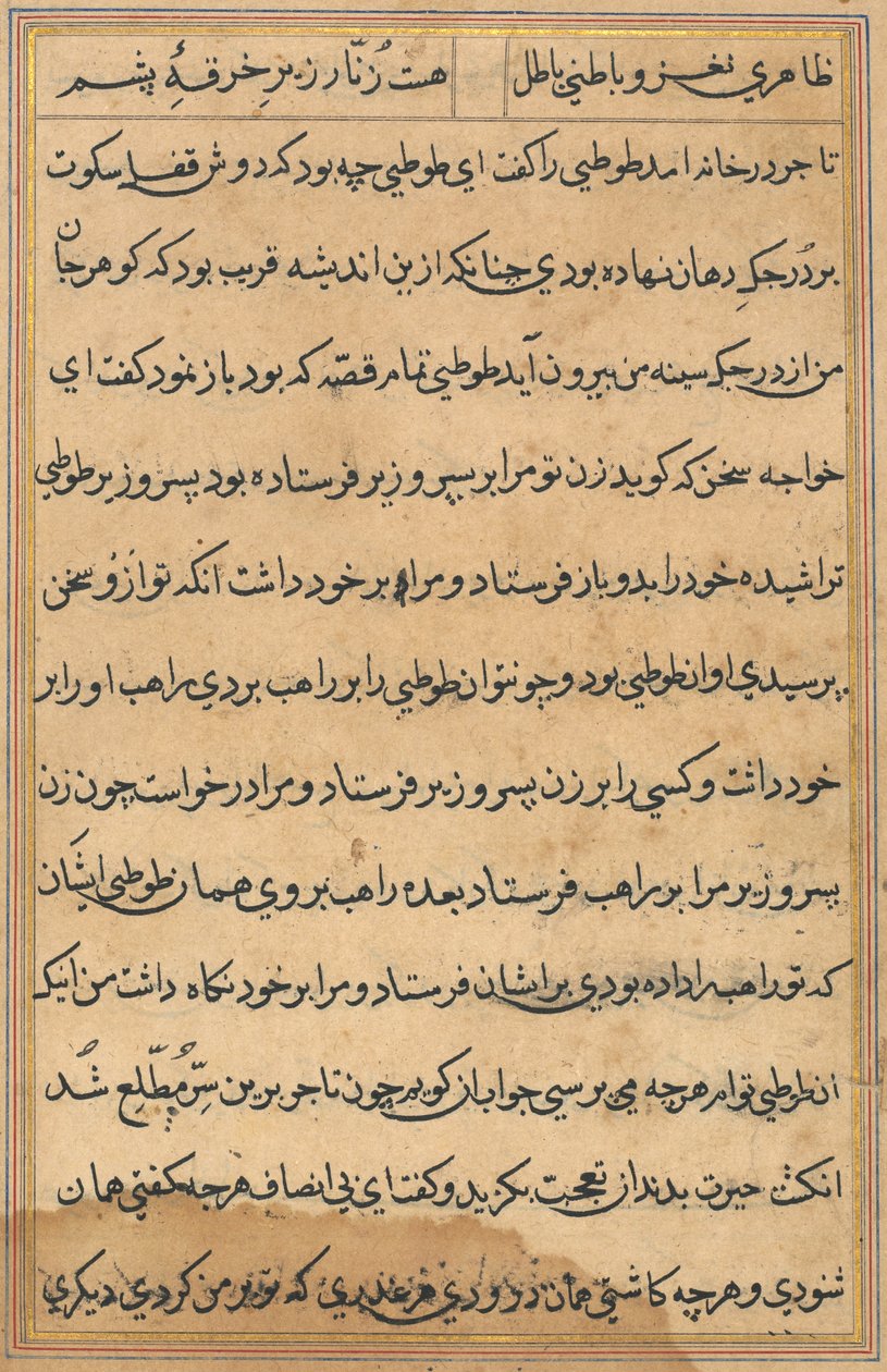 Side fra Tales of a Parrot Tuti-nama: tekstside, ca. 1560. af Unbekannt