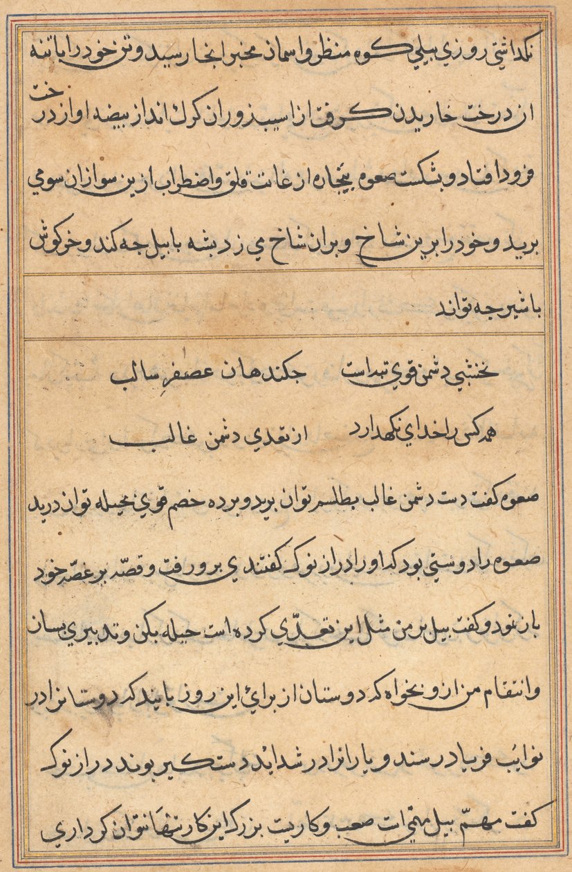 Side fra Tales of a Parrot Tuti-nama: tekstside, ca. 1560. af Unbekannt