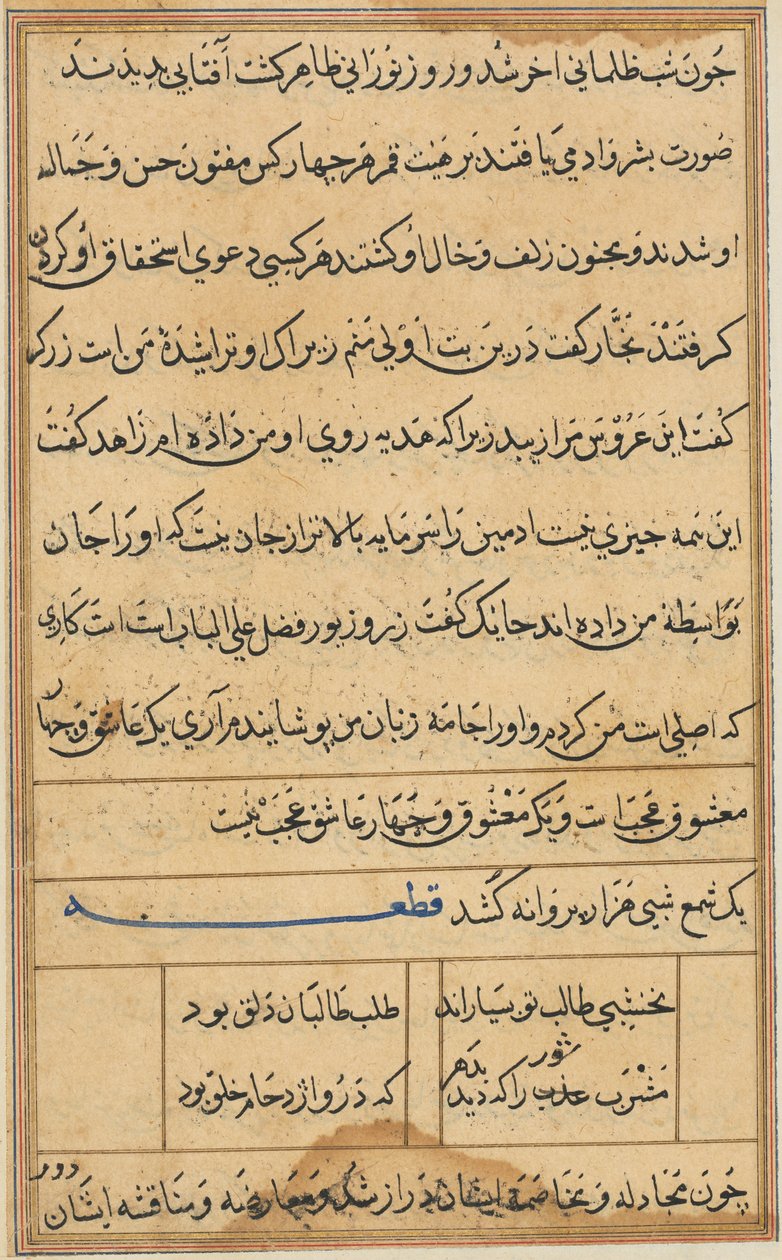 Side fra Tales of a Parrot Tuti-nama: tekstside, ca. 1560. af Unbekannt