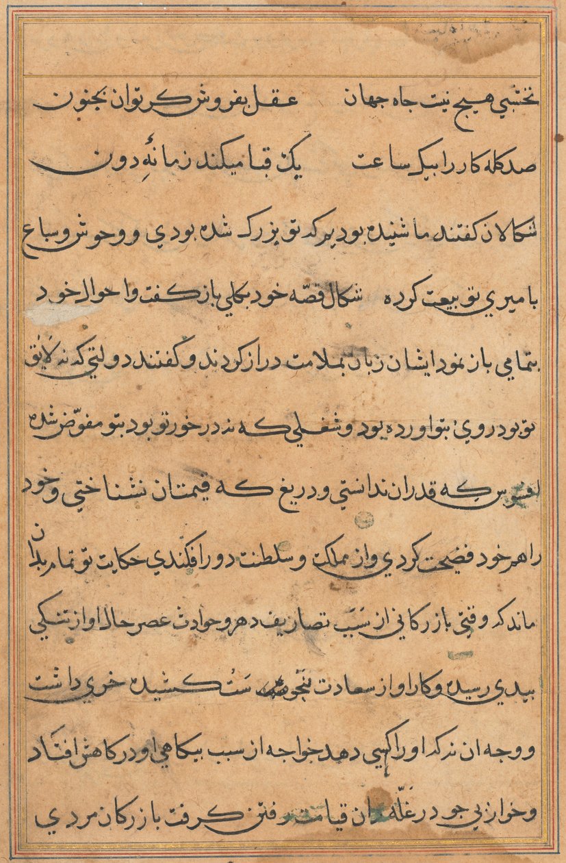 Side fra Tales of a Parrot Tuti-nama: tekstside, ca. 1560. af Unbekannt