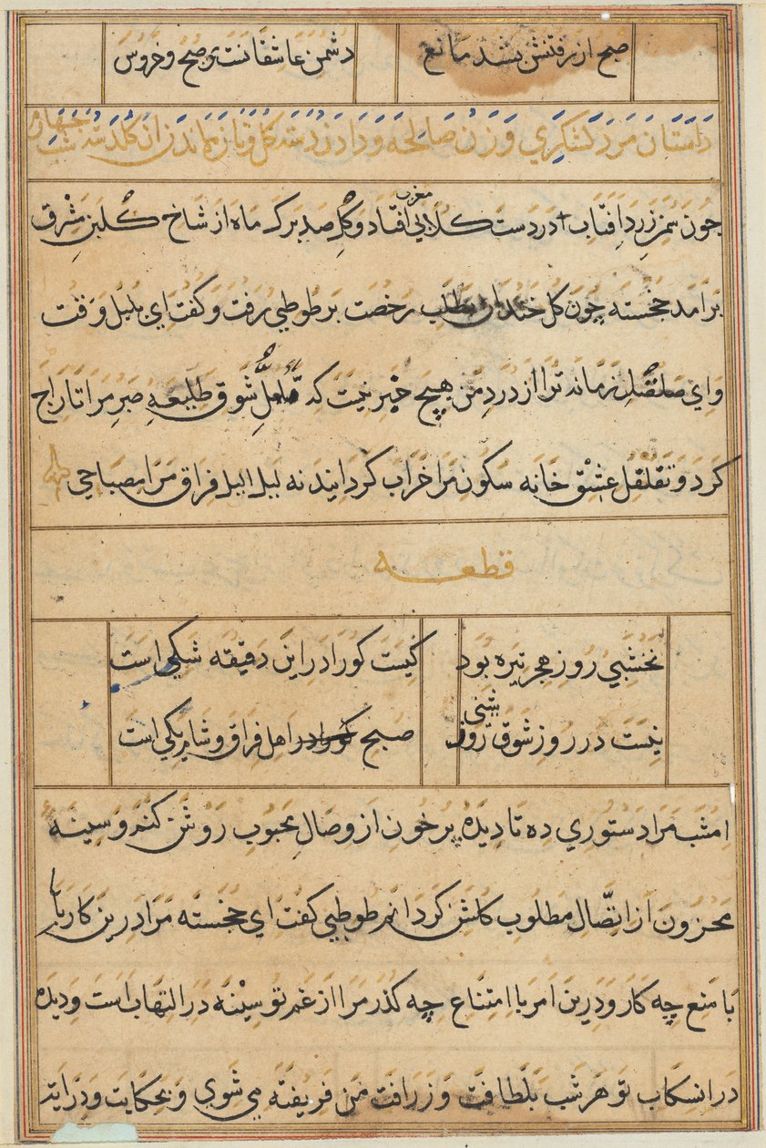 Side fra Tales of a Parrot Tuti-nama: tekstside, ca. 1560. af Unbekannt