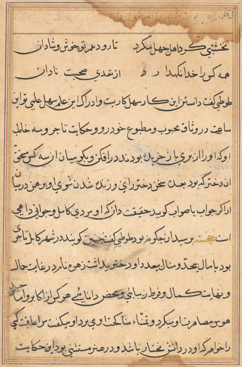 Side fra Tales of a Parrot Tuti-nama: tekstside, ca. 1560. af Unbekannt