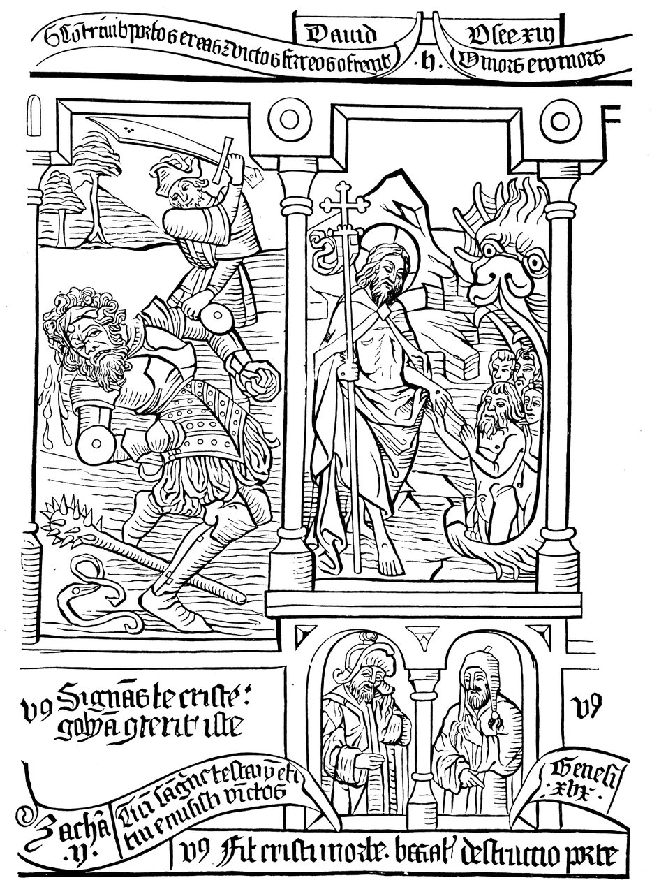 Side af Biblia Pauperum Poor Peoples Bible, 1400-tallet af Unbekannt