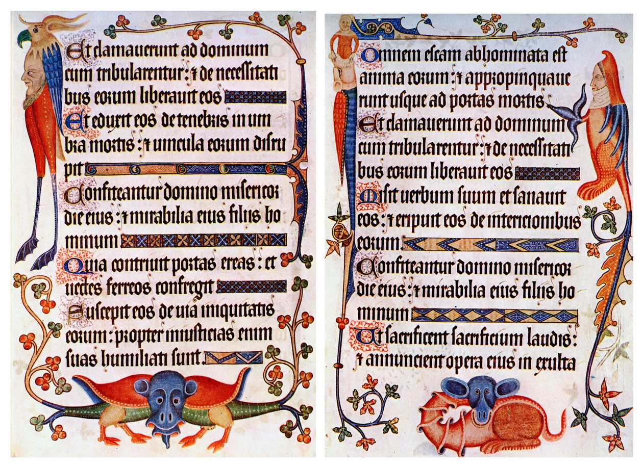 Side med illustreret tekst fra Luttrell Psalter, c1300-c1340, c1900-1920 af Unbekannt
