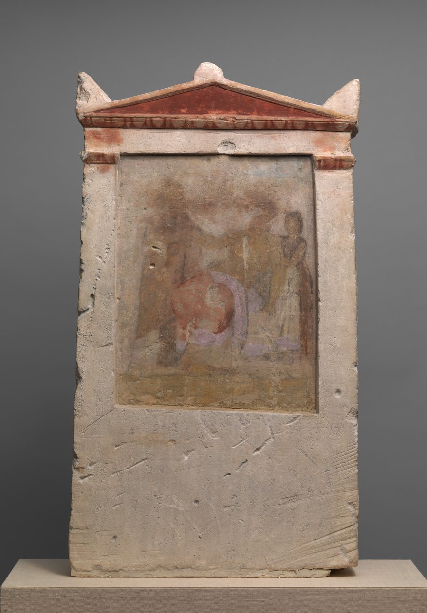 Malet kalkstensbegravelsesstele med en kvinde i barsel, slutningen af 4.-begyndelsen af 3. århundrede f.Kr. af Unbekannt