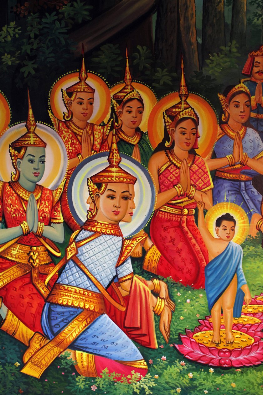 Maleri, der forestiller Buddhas fødselsdag (Wesak) i Wat Than Phnom Penh Cambodge af Unbekannt