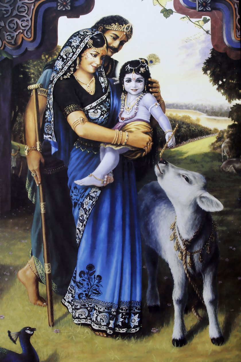 Maleri, der skildrer den hinduistiske gud Krishna som baby med sine plejeforældre Yashoda og Nanda. Indien af Unbekannt