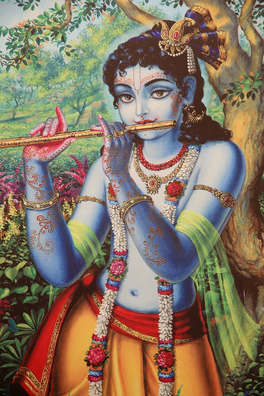Maleri, der forestiller den hinduistiske gud Krishna, der spiller på fløjte udendørs. Indien af Unbekannt