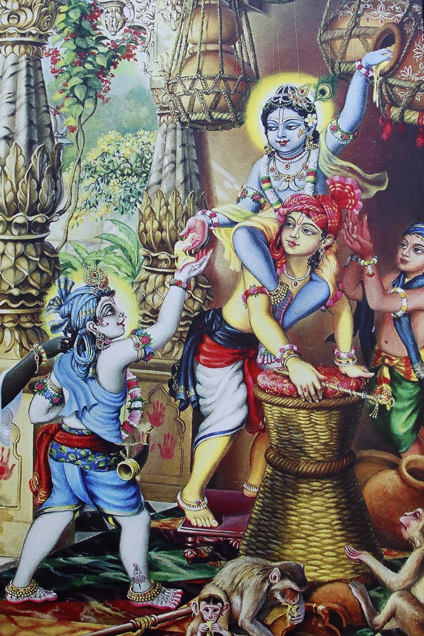 Maleri, der forestiller hinduguden Krishnaas et barn, der leger med sine brødre. Indien af Unbekannt