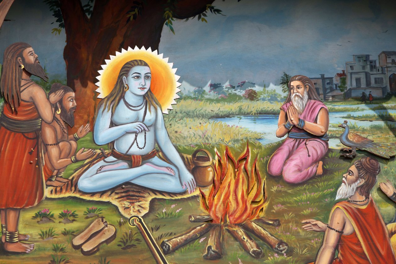 Maleri, der forestiller en hellig mand (sidder på en tigers hud som Shiva) omgivet af tilhængere Haridwar Indien af Unbekannt