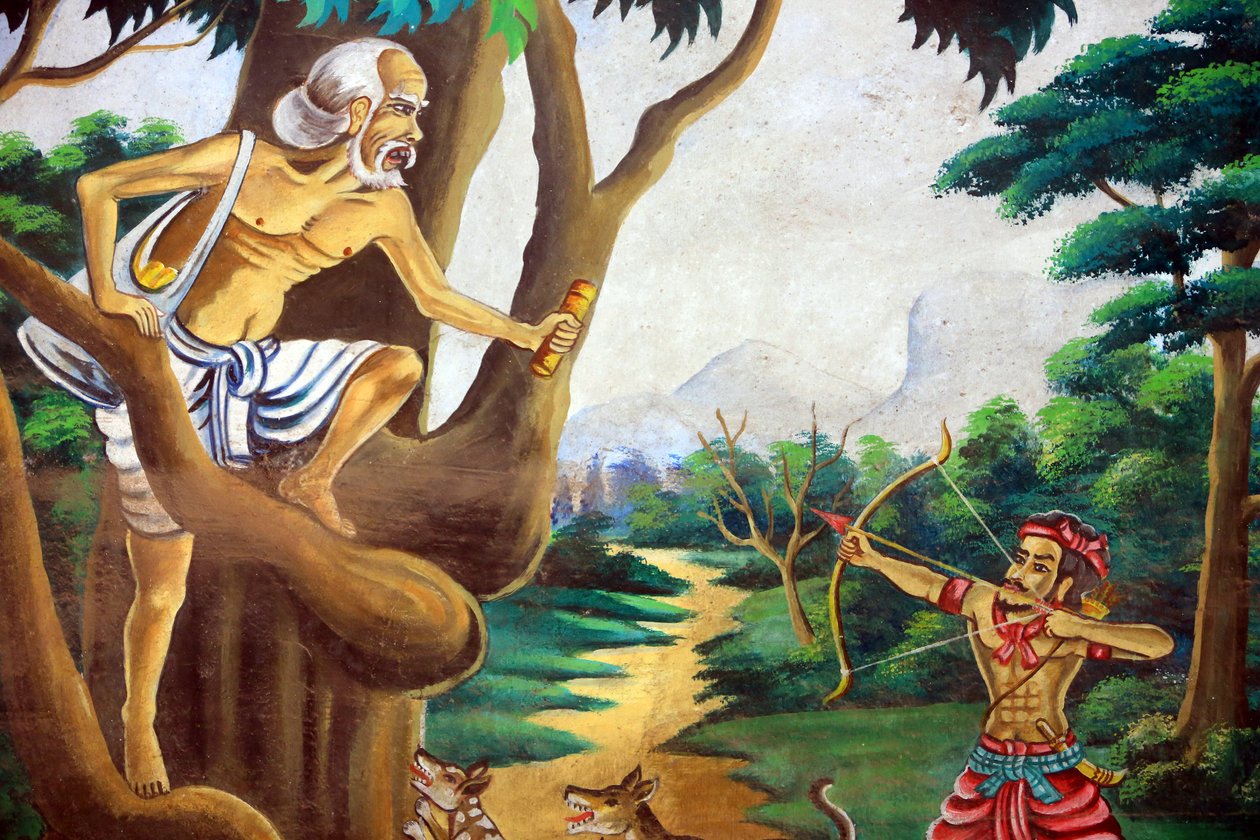 Maleri, der skildrer Shakyamuni Buddhas livshistorie. Wat Naxai. Vientiane. Laos, 20151106, Vientiane, Laos af Unbekannt