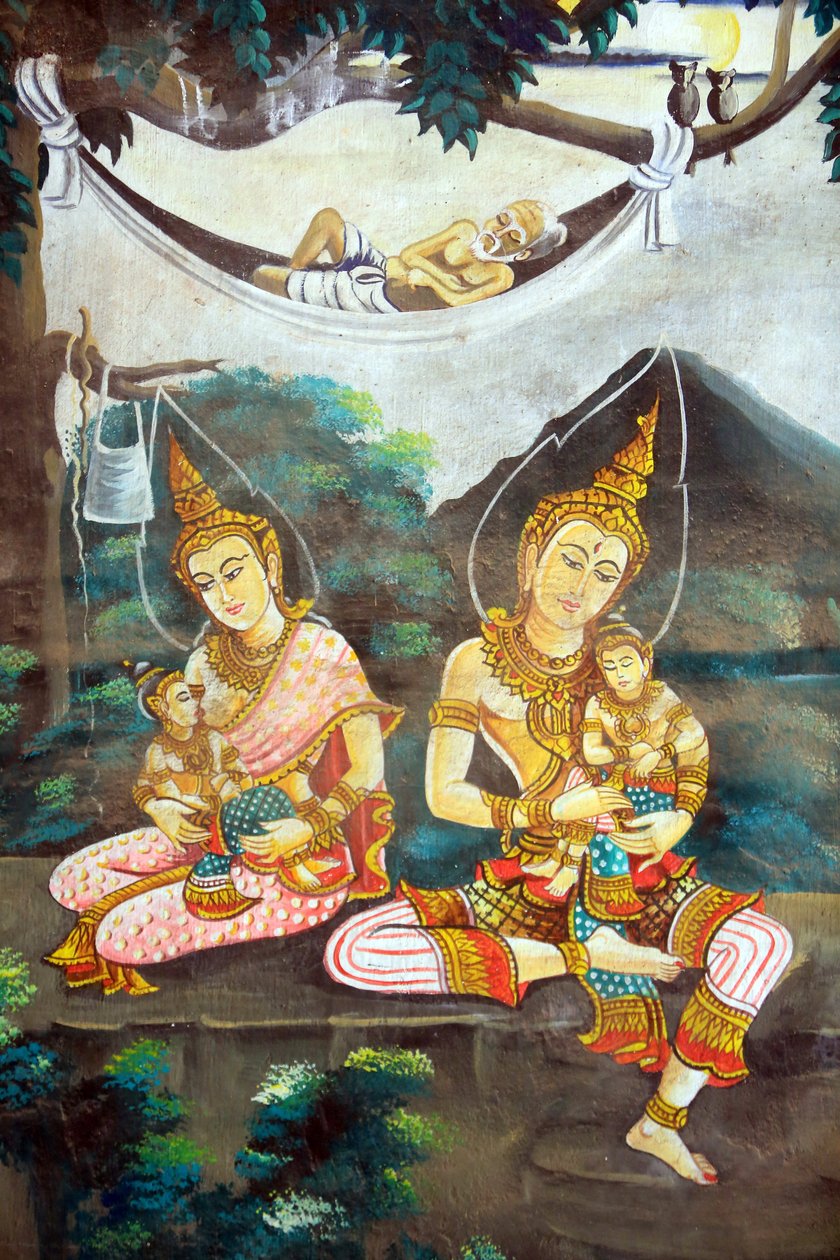 Maleri, der skildrer Shakyamuni Buddhas livshistorie. Wat Naxai. Vientiane. Laos, 20151106, Vientiane, Laos af Unbekannt