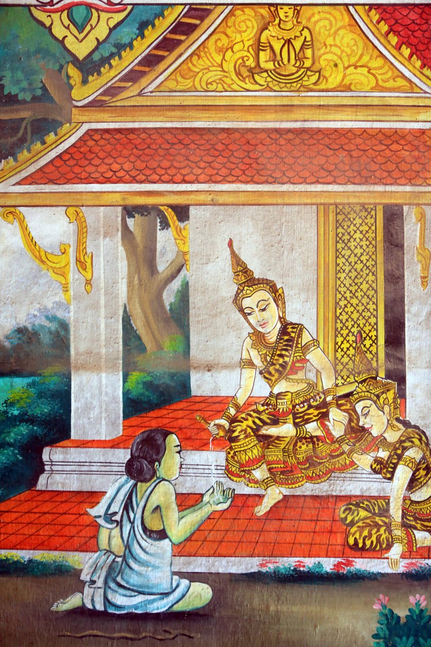 Maleri, der skildrer Shakyamuni Buddhas livshistorie. Wat Naxai. Vientiane. Laos, 20151106, Vientiane, Laos af Unbekannt