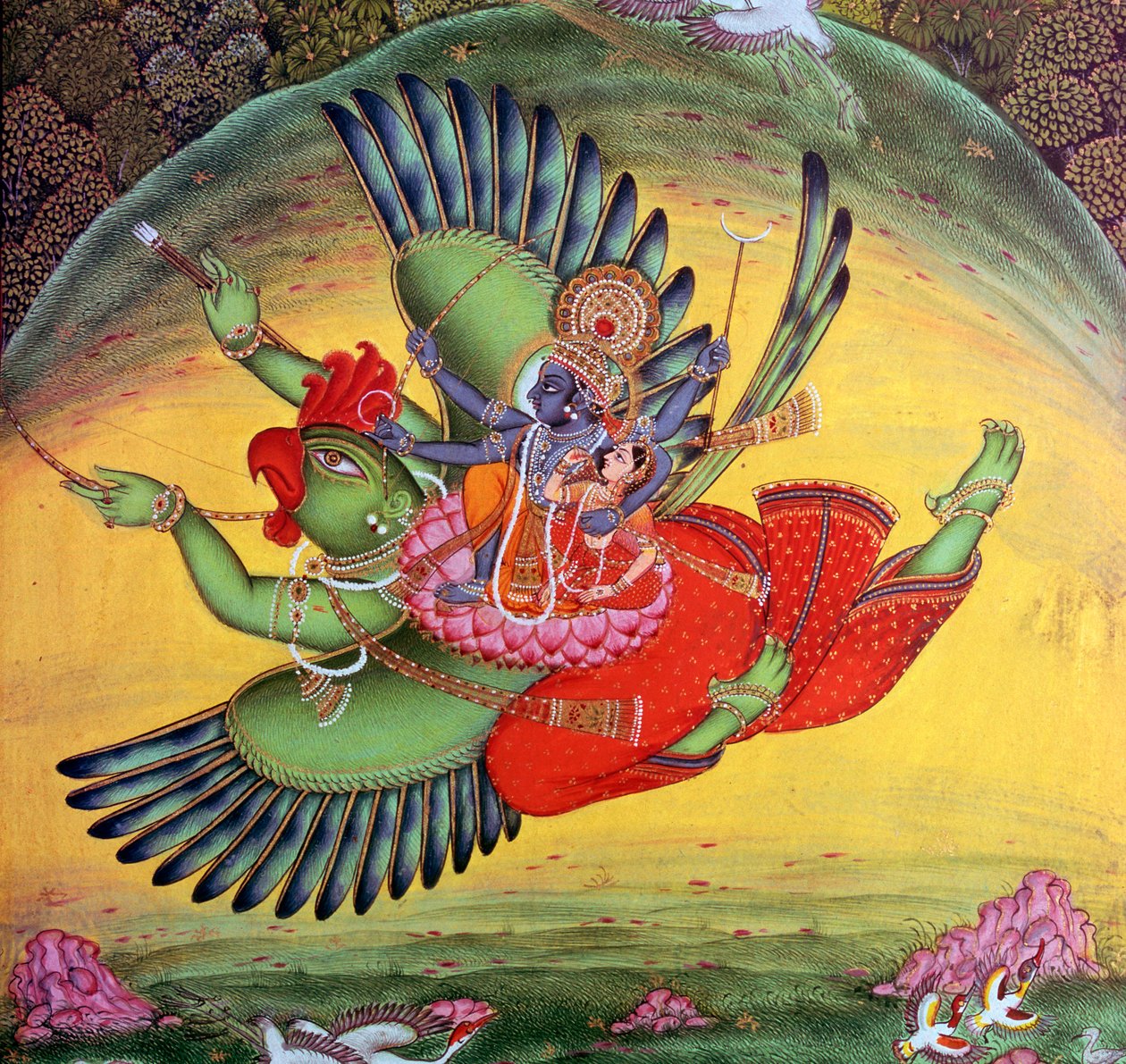 Maleri af Vishnu og hans kone Lakshmi, der rider på fugleguden Garuda af Unbekannt